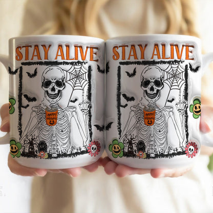 Petthouse | Skeleton Coffee Mug, Stay Alive 3d Inflated Mug, Spooky Vibes Mug, Pumpkin Spice Coffee