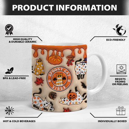 Petthouse | Spooky Cat Vibes Mug, Spooky Season 3d Inflated Effect Printed Mug, Cute Cat Ghost Mug