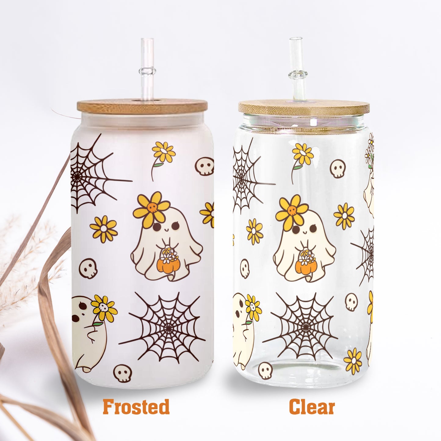 Petthouse | Halloween Ghost Cute Glass Can, Ghost Spooky Vibes Glass Can, Spooky Cute Glass Tumbler Cup Wrap