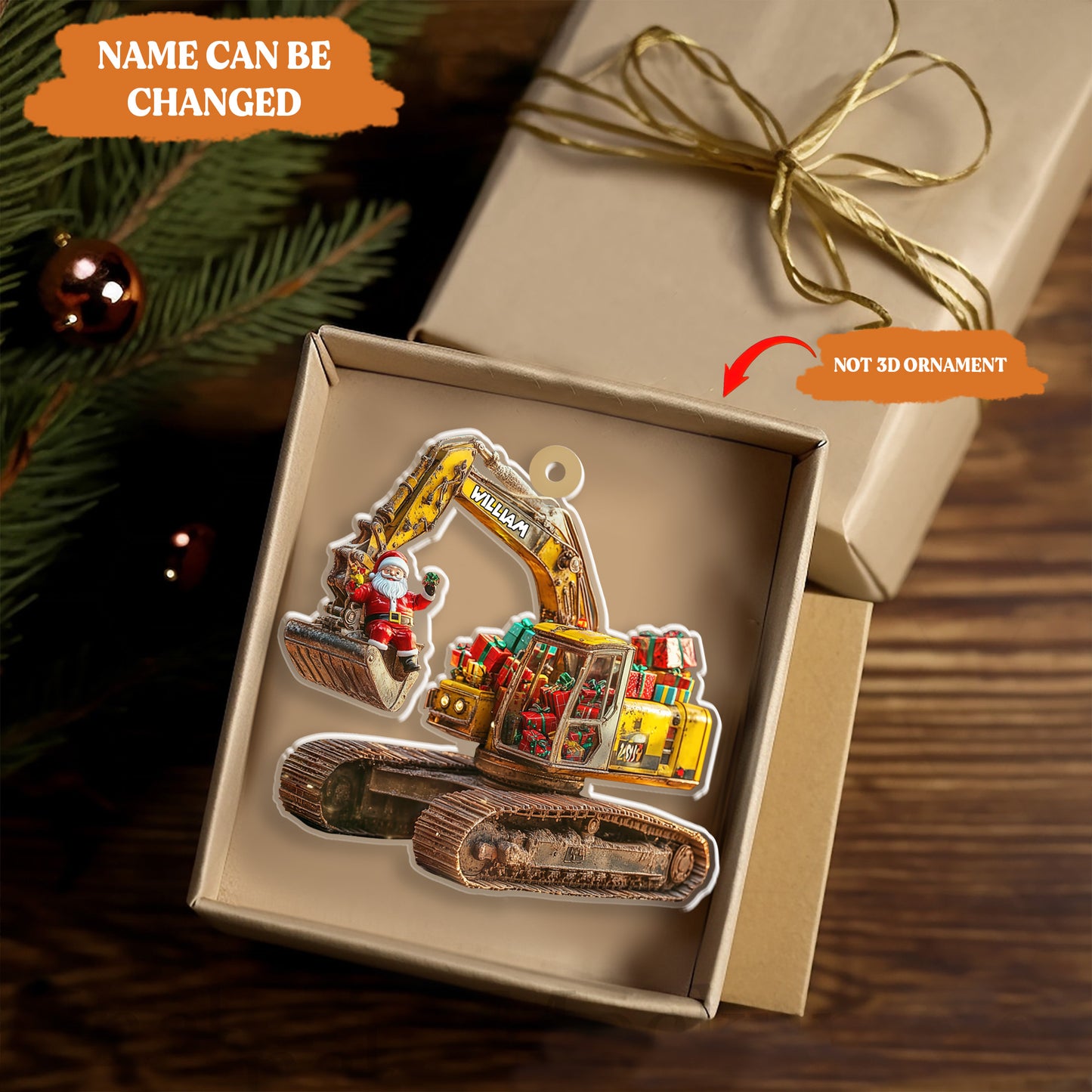 Petthouse | Personalized Excavator 2d Flat Printed Acrylic Ornament, Santa On The Excavator Keepsake