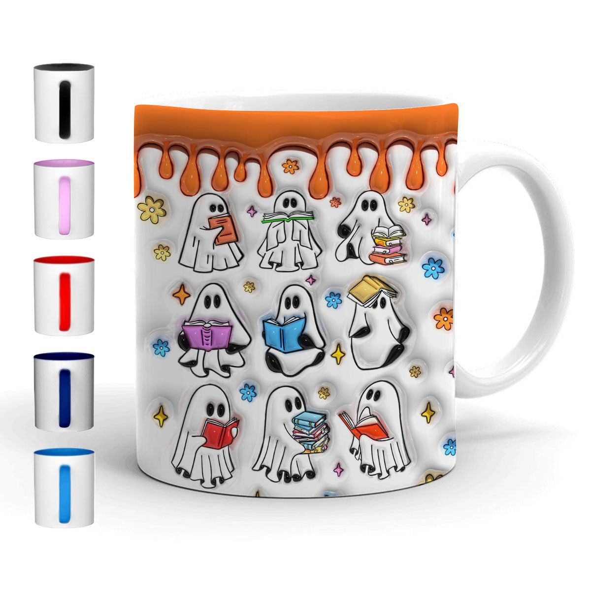 Petthouse | Ghost Reading Book 3d Inflated Mug, Halloween Spooky Reading Ghost Mug, Cute Reading Ghost