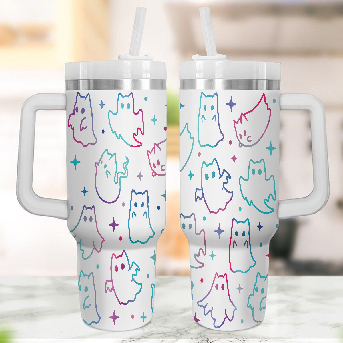 Petthouse | Ghost Cat Halloween 40oz Tumbler, Spooky Cat Stainless Steel Tumbler, Cat Ghost Spooky Vibes