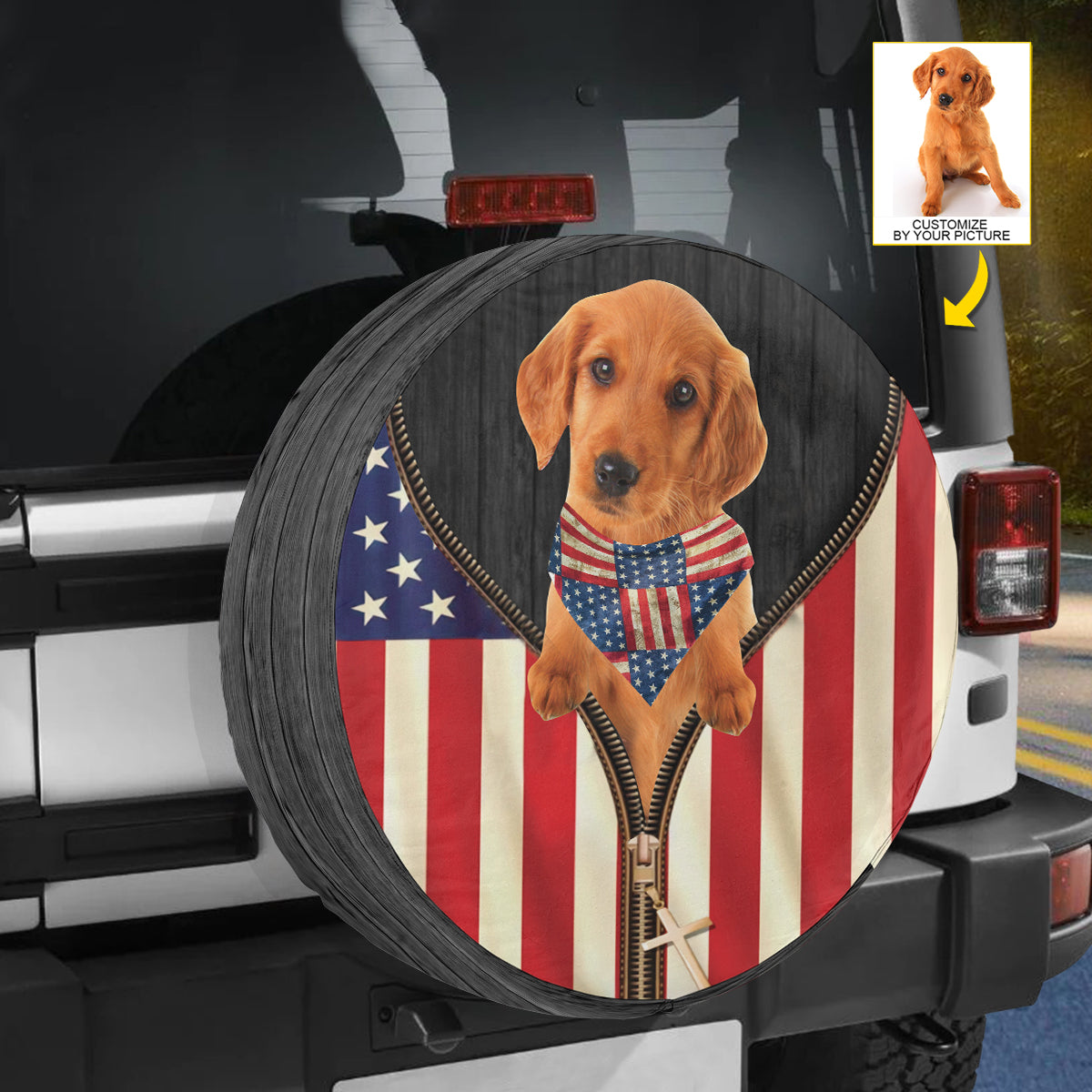 Petthouse | Customized Photo Golden Retriever Spare Tire Cover American Flag Tire Protector Patriot Theme