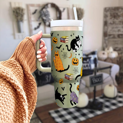 Petthouse | Halloween Ghost Cat 40oz Tumbler, Spooky Black Cat Stainless Steel Tumbler, Cat Spooky Season