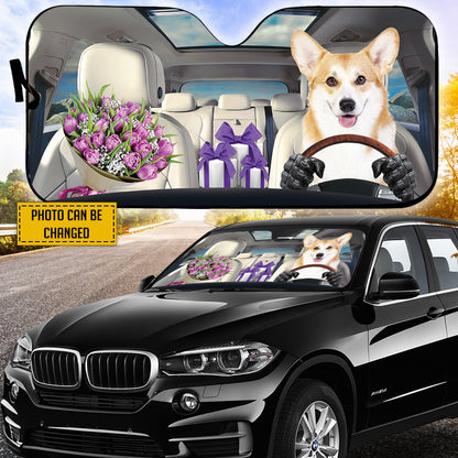 Petthouse | Custom Photo Sun Shade Corgi Flower Bouquet Gift Car Sun Shade Windshield Dog Mom Sunshade