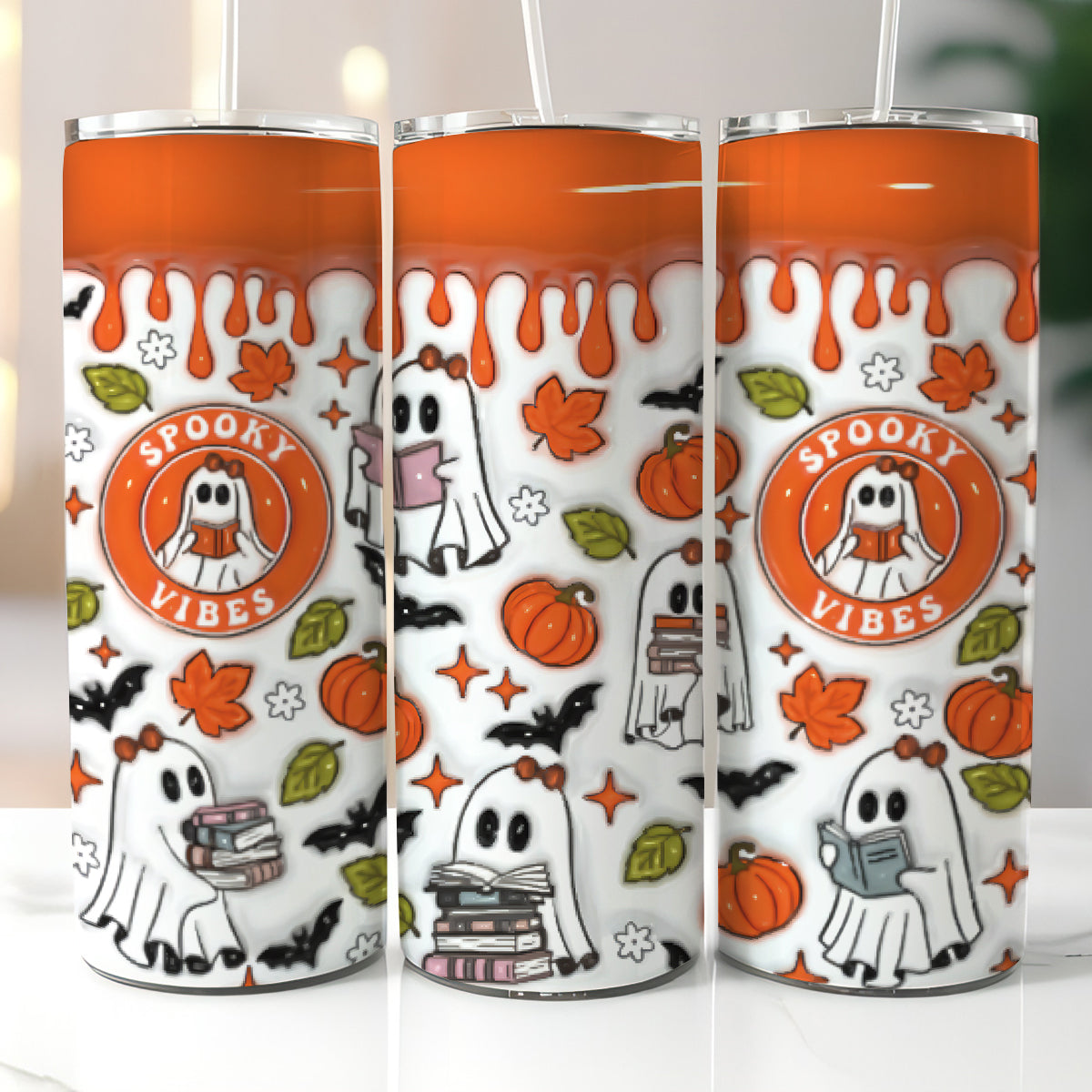 Petthouse | Ghost Reading Book Inflated 3d Skinny Tumbler, Ghost Books Halloween Tumbler, Ghost Book