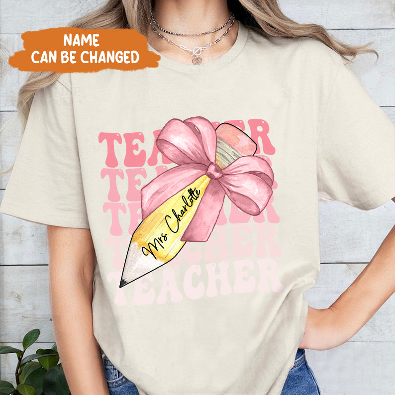 Petthouse | Custom Teacher Pencil Coquette Bow Shirt, Teach Love Inspire Techer Back To School