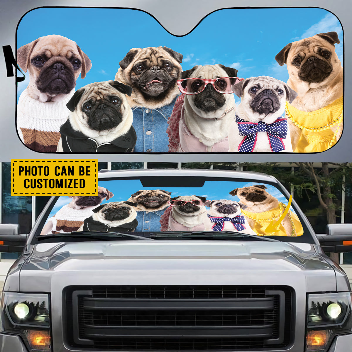 Petthouse | Custom Name Dog Sunshade A Bunch Of Pug Dog Car Sunshade Pug Family Windshield Sun Shade