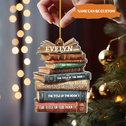 Petthouse | Custom Bookstack Ornament, Book Lover Ornament, Librarian Ornament, Title Of Books Gifts