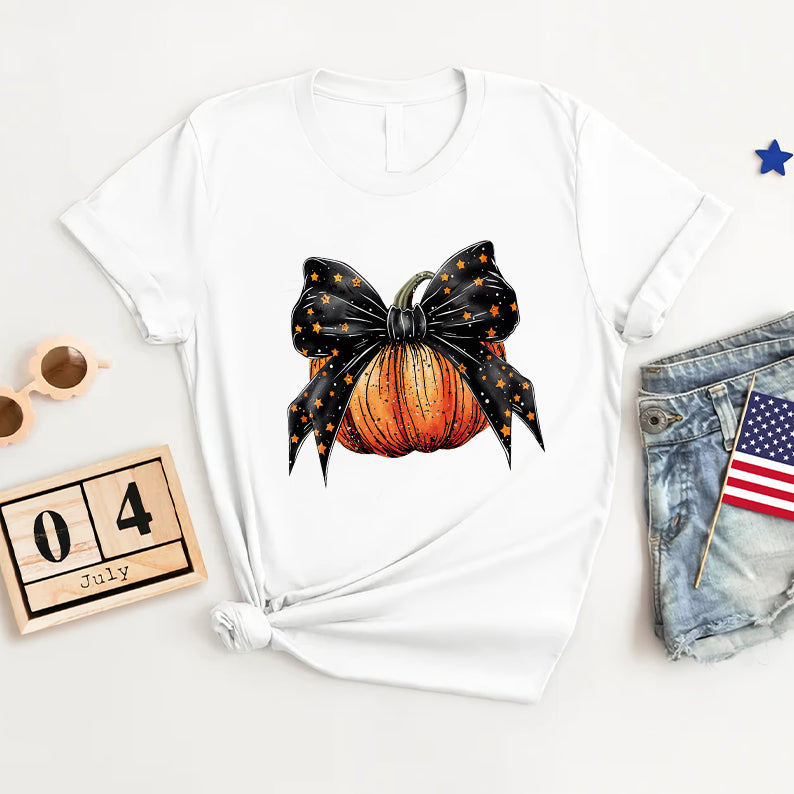 Petthouse | Halloween Pumpkin Coquette Bow Shirt, Coquette Stars Bow Shirt, Autumn Pumpkin Bow