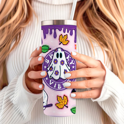 Petthouse | Ghost Spooky Vibes Purple Skinny Tumbler, Halloween Ghost 3d Inflated Effect Printed Tumbler