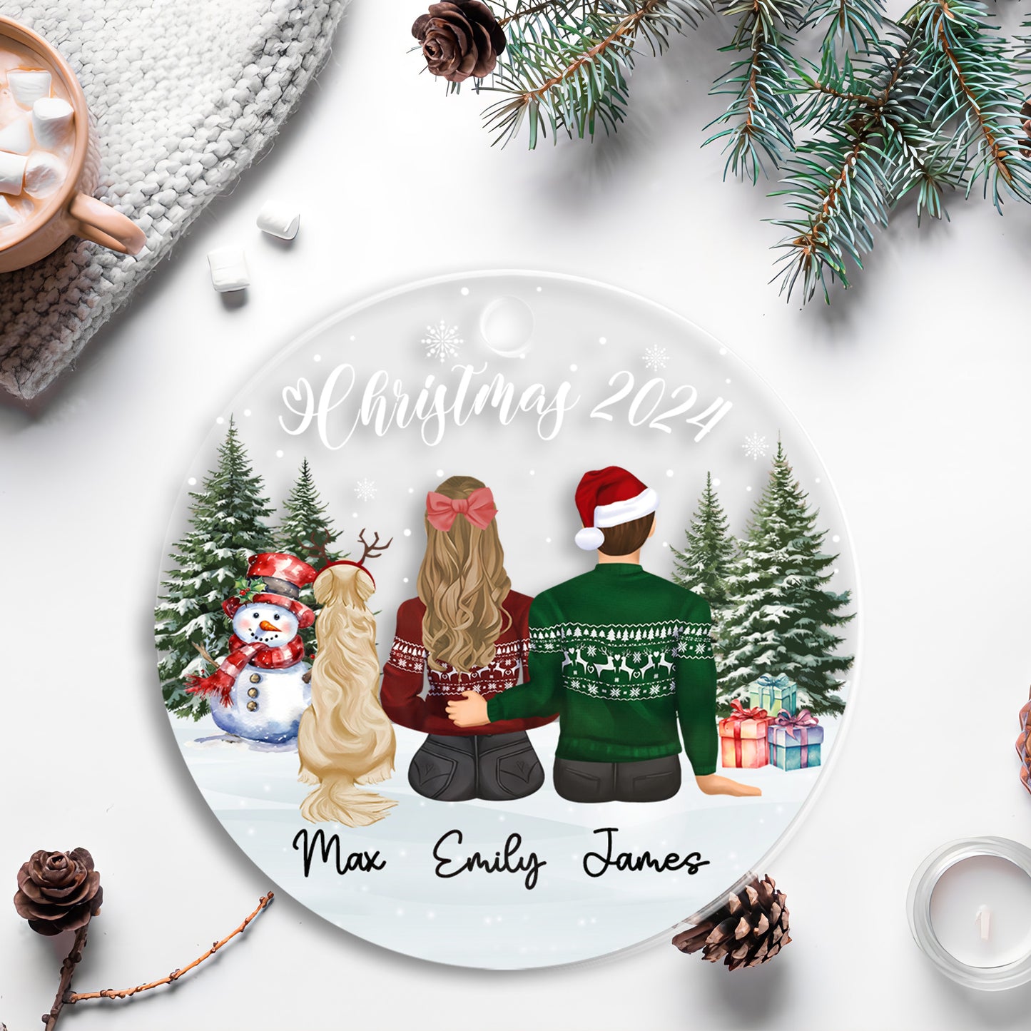 Petthouse | Custom First Christmas Couple With Pet Ornament, Family Dog Cat Christmas Ornament