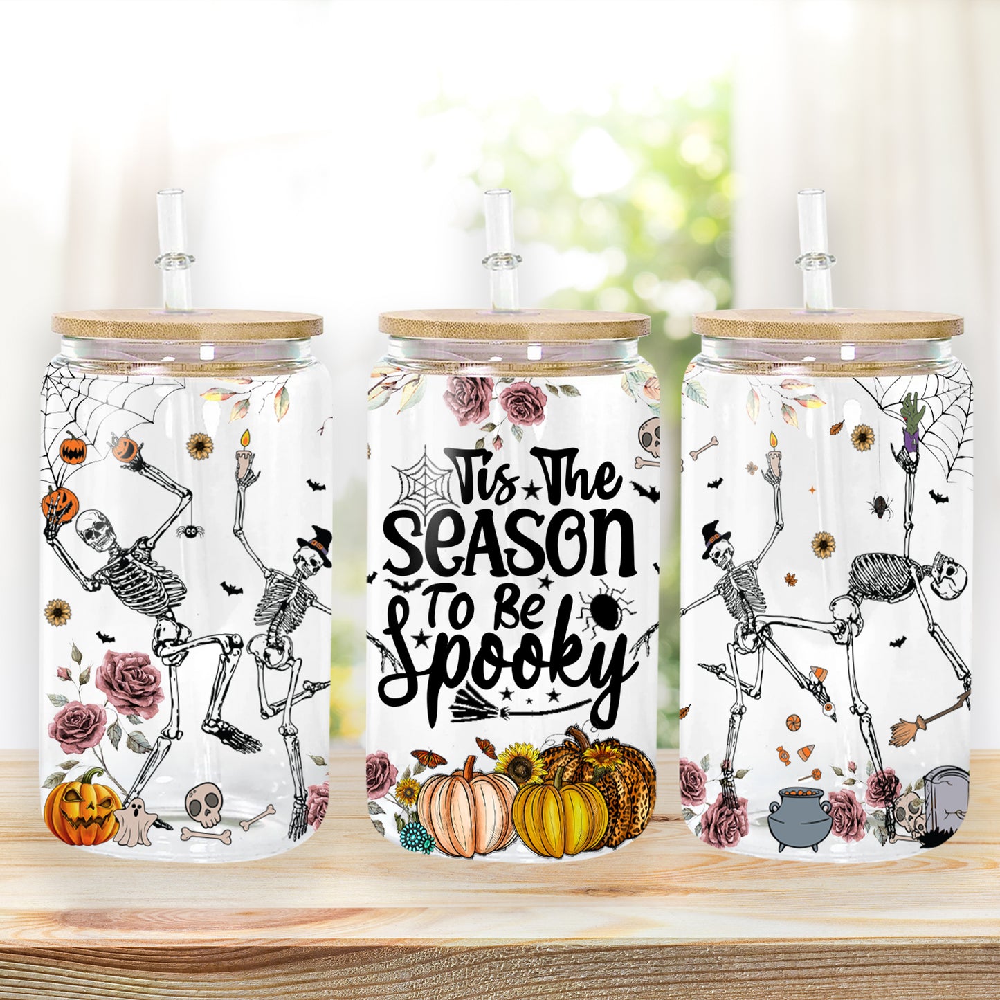 Petthouse | Tis The Season To Be Spooky Glass Can, Skeleton Dancing Spooky Halloween Glass Can