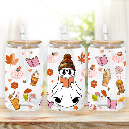 Petthouse | Bookish Ghost Glass Cup, Ghost Reading Pumpkin Fall Vibes Glass Can, Ghost Boo Reader Cup