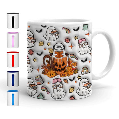 Petthouse | Bookish Ghost Pumpkin Inflated 3d Mug, Ghost Book Halloween Autumn Vibes, Ghost Reading Book