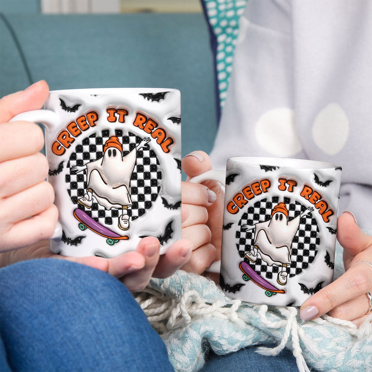 Petthouse | Ghost Creep It Real Halloween Mug, Cute Skater Ghost 3d Inflated Effect Mug, Spooky Season