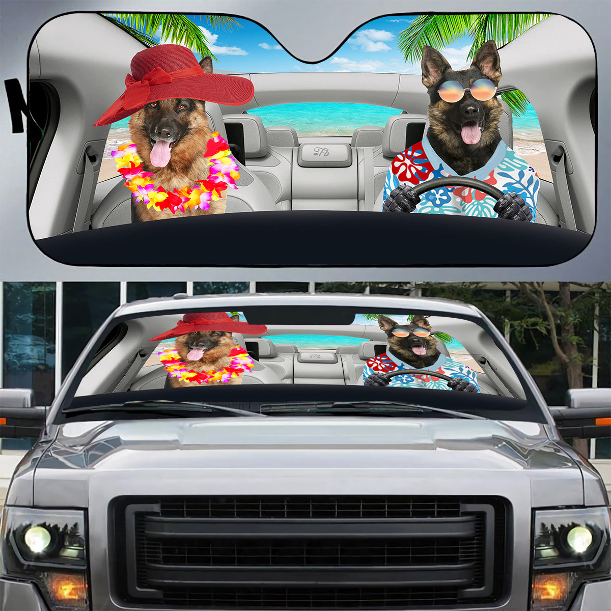 Petthouse | German Shepherd Dog Couple Car Windshield Sun Shade Funny Dog Windshield Visors Car Decor