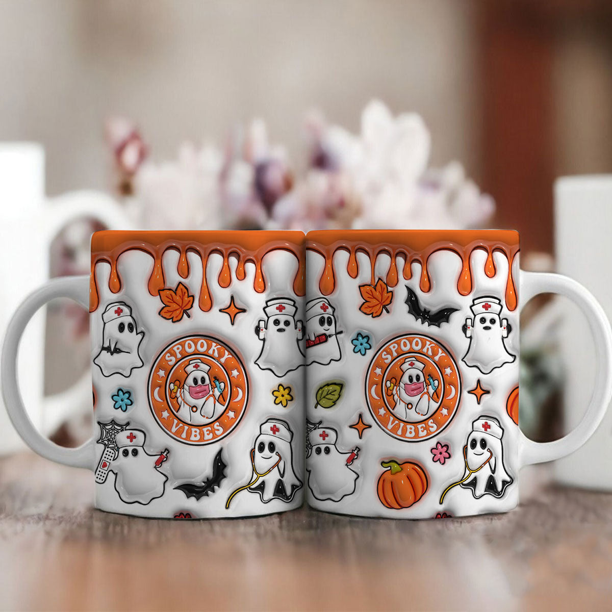 Petthouse | Halloween Ghost Nurse 3d Inflated Effect Printed Mug, Cute Ghost Nurse Spooky Vibes Mug