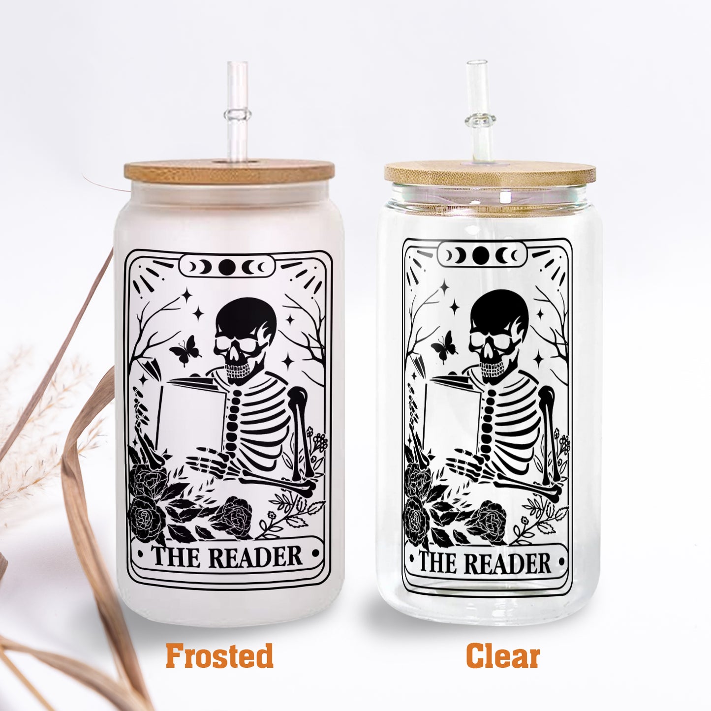 Petthouse | Skeleton Reading Glass Cup, The Reader Tarot Glass Can, Book Lover Gift, Tarot Lover Gift