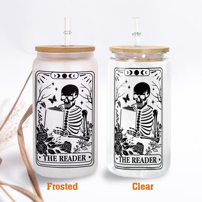 Petthouse | Skeleton Reading Glass Cup, The Reader Tarot Glass Can, Book Lover Gift, Tarot Lover Gift