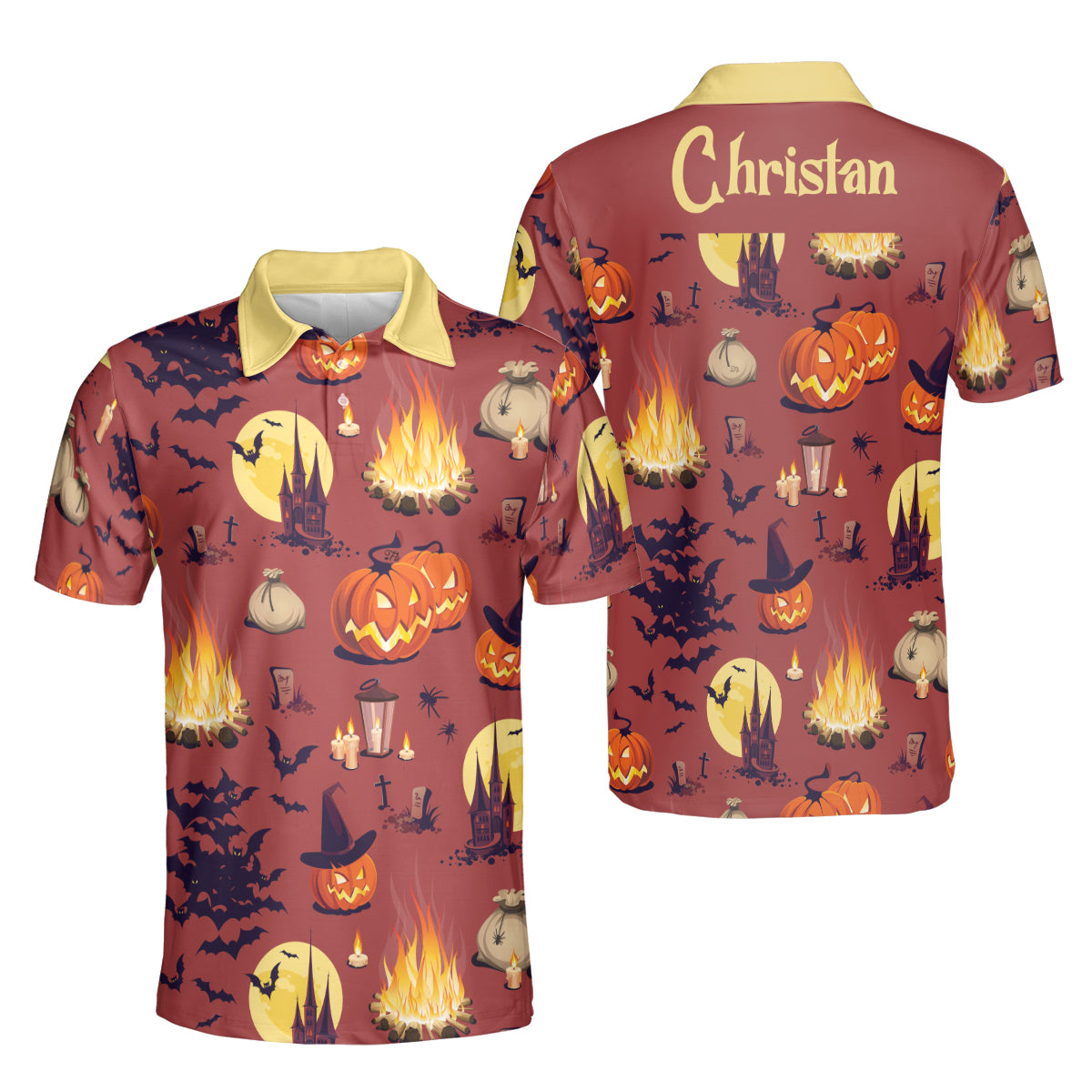 Petthouse | Personalized Pumpkins Castle Bats Polo Shirts Short Sleeve Halloween Hawaiian Shirt