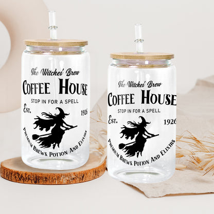 Petthouse | Witches Brew Coffee House Glass Can, Halloween Witchy Cup, Coffee House Witch Spooky Vibes