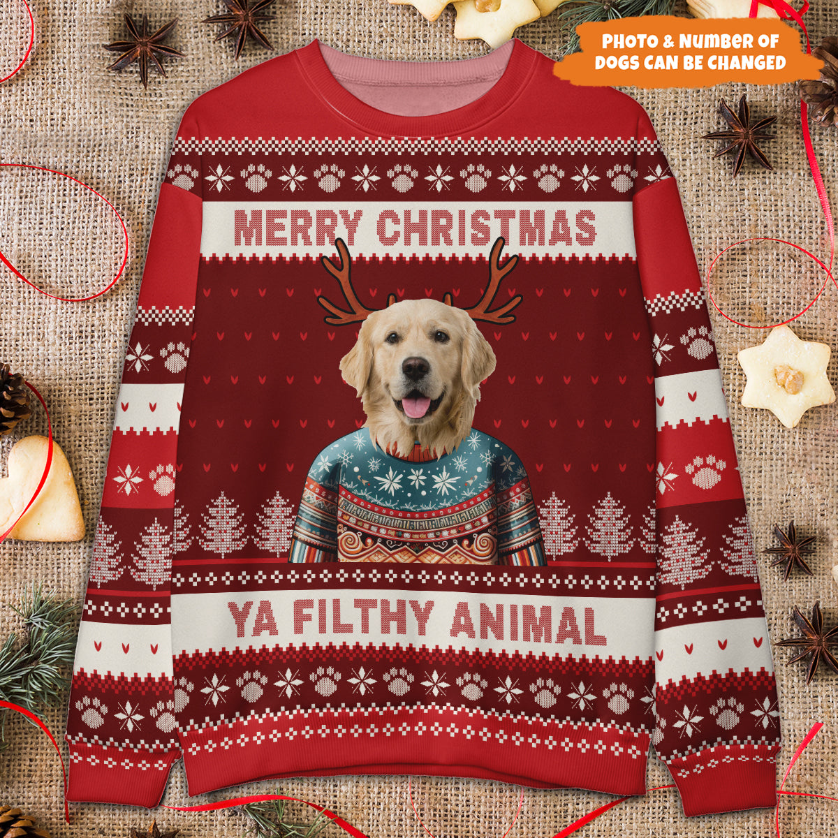 Petthouse | Merry Christmas Ya Filthy Animal Ugly Sweater, Personalized Dog Photo Ugly Christmas Sweater