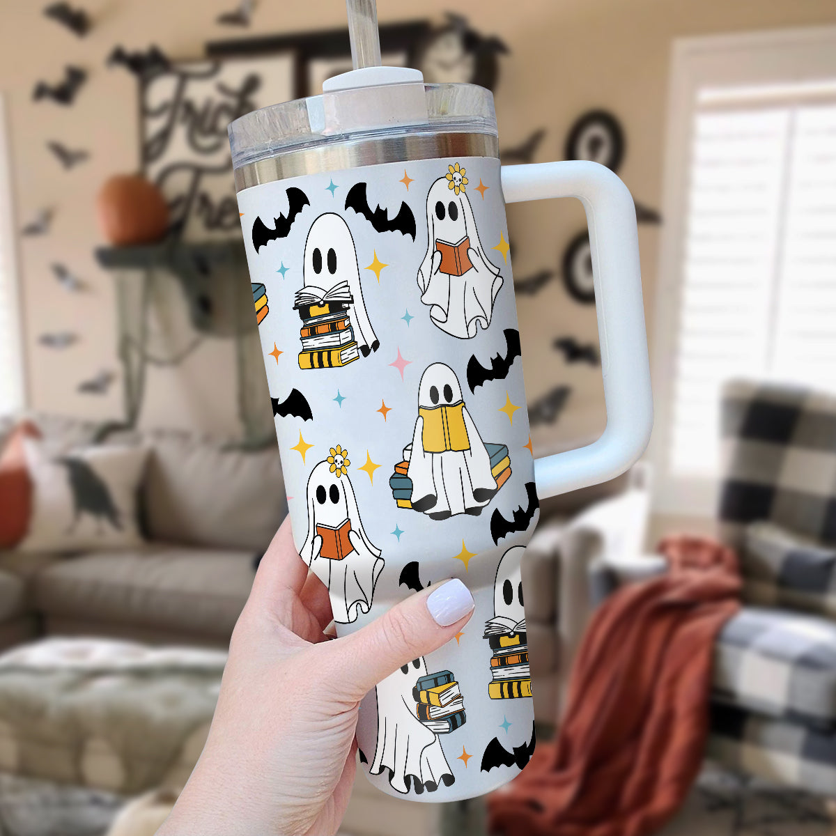 Petthouse | Cute Ghost Reading 40oz Tumbler, Halloween Bookish 40oz Tumbler, Spooky Ghost Reading Tumbler