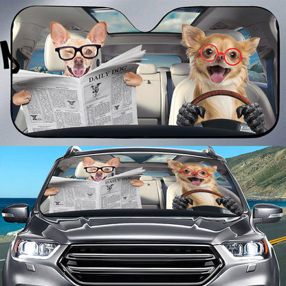 Petthouse | Windshield Sun Shade Funny Chihuahua Reading Newspaper Sunshades For Car Sun Visor For Car