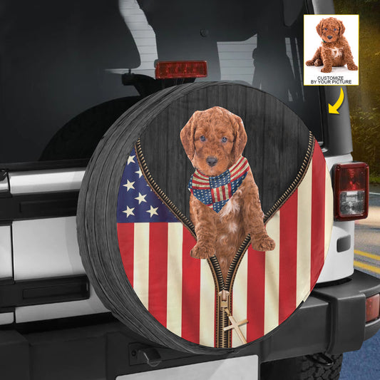 Petthouse | Red Poodle Customized Photo Spare Tire Cover Dog Patriotic Tire Protector Covers Canvas Tire