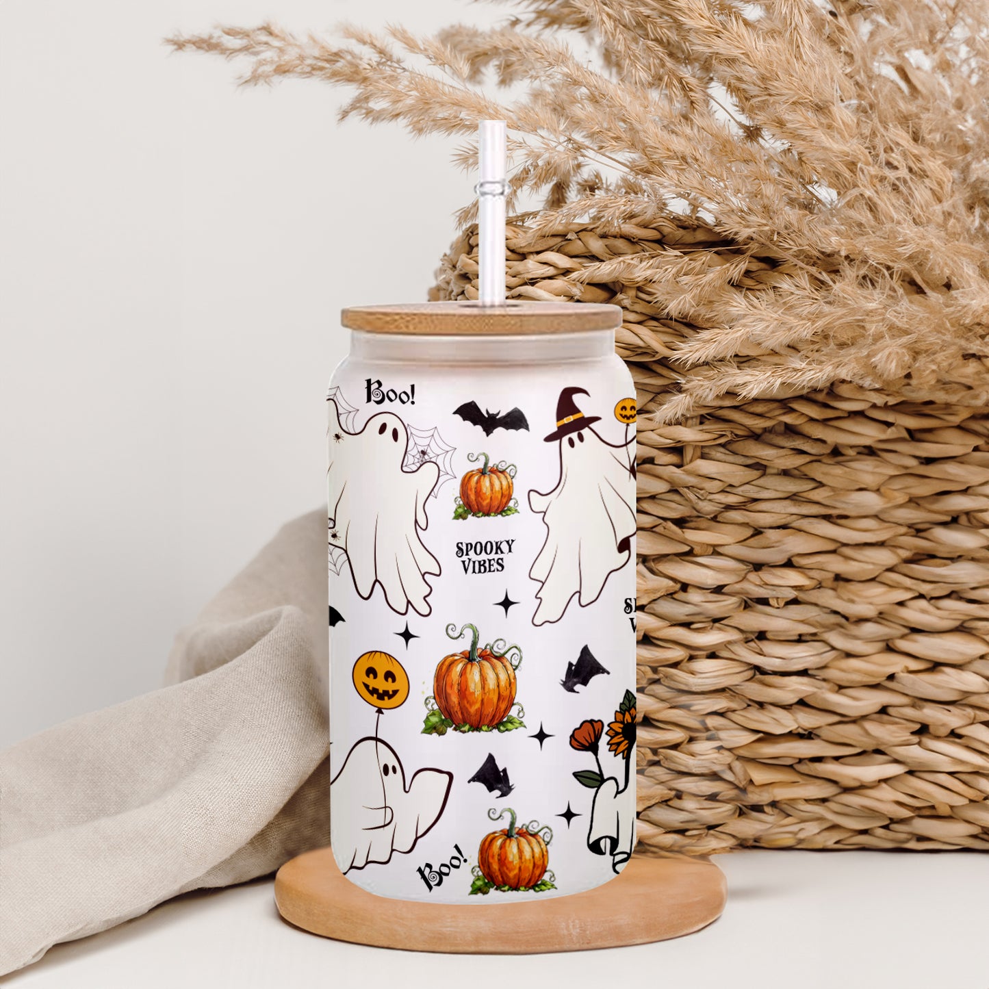 Petthouse | Ghost Spooky Vibes Glass Can, Ghost Boo Spooky Iced, Halloween Spooky Vibes Glass Cup