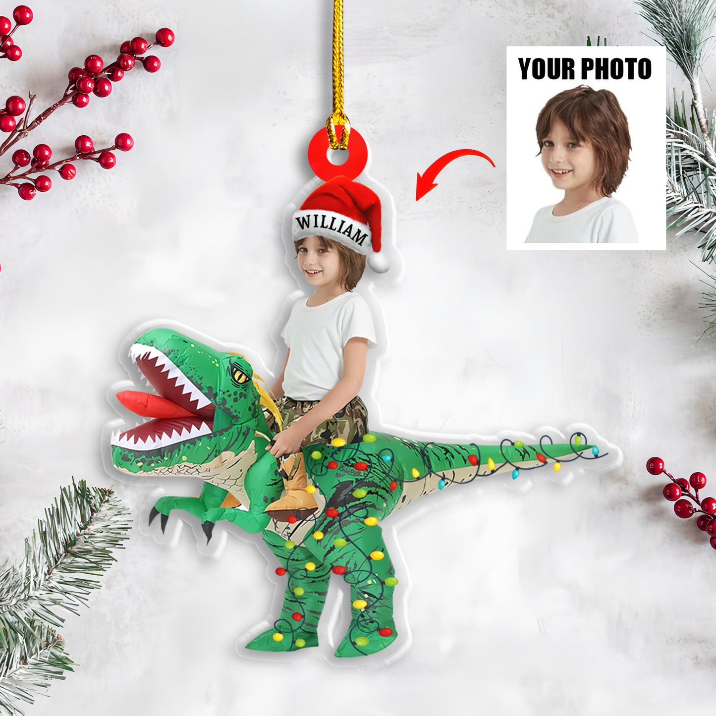 Petthouse | Personalized Baby Photo Name Christmas Ornament, Cute Kid Riding Dinosaur 2d Flat Xmas Ornament