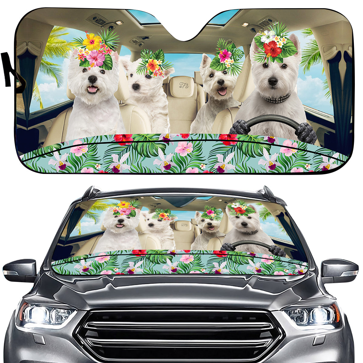 Petthouse | Westie Dog Hawaii Car Sun Shade Windshield Dog Sunshade Summer Dog Vacation Sun Visor