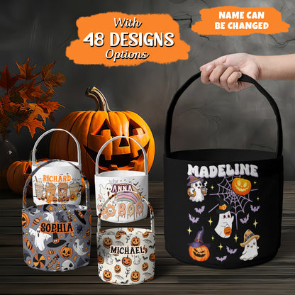 Petthouse | Custom Halloween Trick Or Treat Bag, Pumpkin And Ghost, Kids Name Trick-or-treat Candy Basket