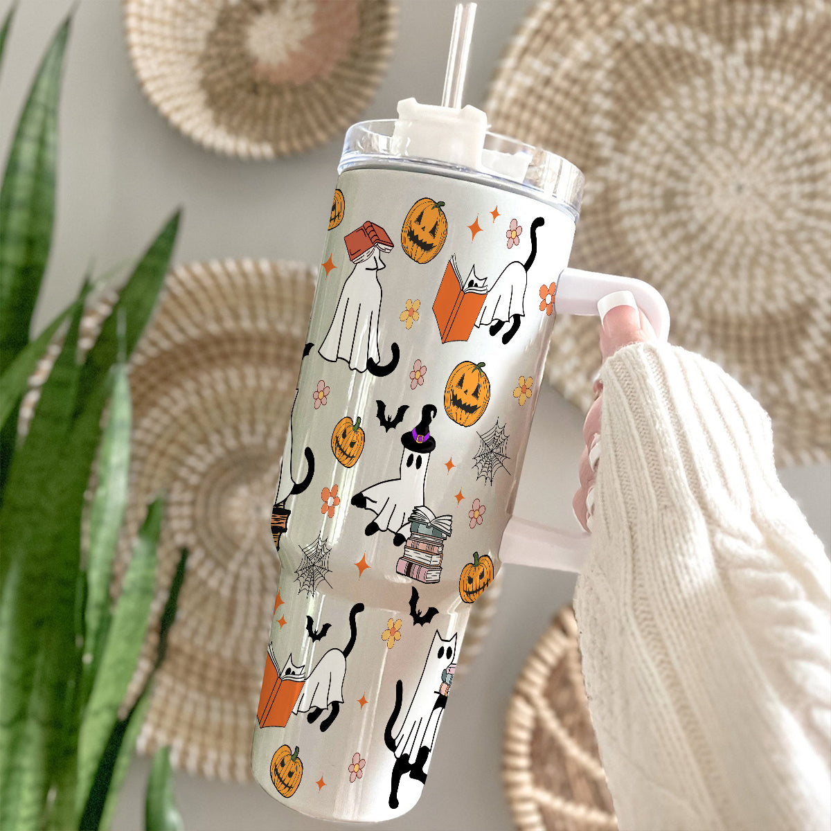 Petthouse | Halloween Cat Ghost Reading 40oz Tumbler, Spooky Cat Bookish Stainless Steel Tumbler, Ghost Cat