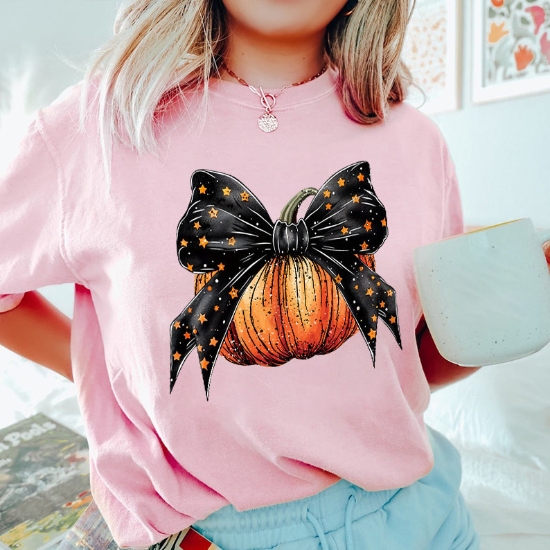 Petthouse | Halloween Pumpkin Coquette Bow Shirt, Coquette Stars Bow Shirt, Autumn Pumpkin Bow