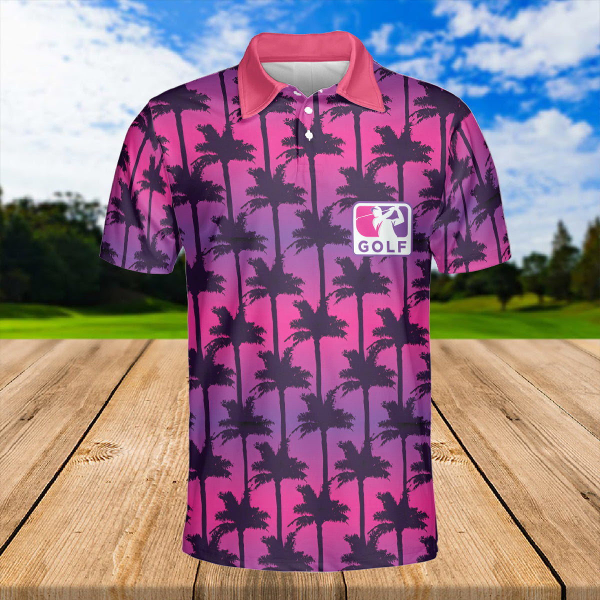 Petthouse | Golf Sport Palm Trees Seamless Pattern Gradient Background Polo Shirt Love Golf Polo Shirt Short Sleeve Dad Gift