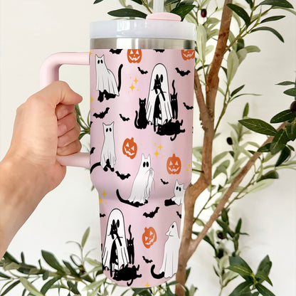 Petthouse | Сute Ghost Cat Halloween Tumbler 40oz, Ghost Cat, Spooky Black Cat Stainless Steel Cup