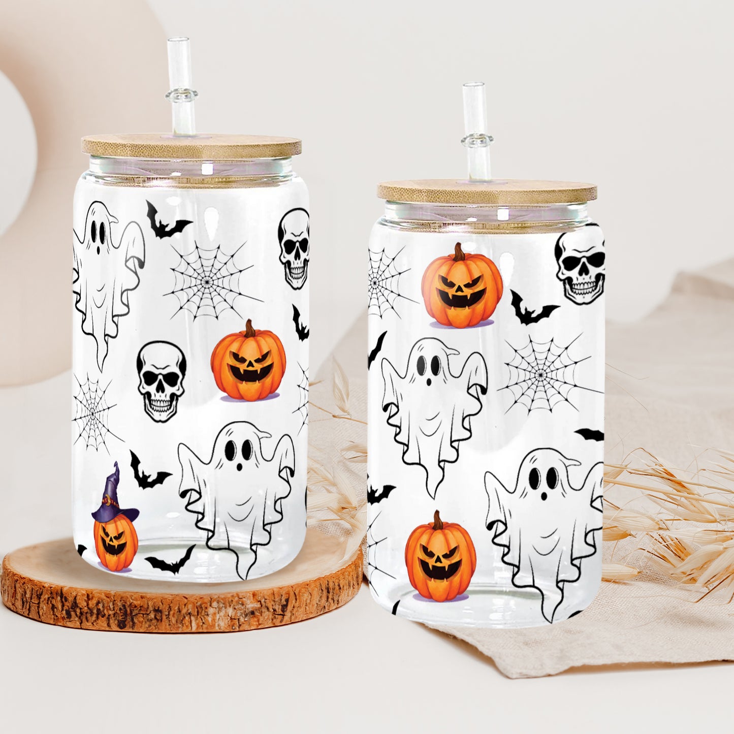 Petthouse | Ghost Halloween Glass Can, Skulls And Ghosts Glass Can, Spooky Season Pumpkin