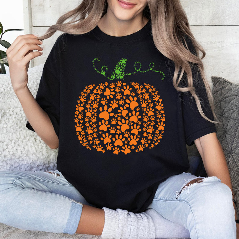 Petthouse | Paw Pumpkin T-shirt, Dog Paw Pumpkin Shirt, Halloween, Thanksgiving, Dog Footprint Pumpkin