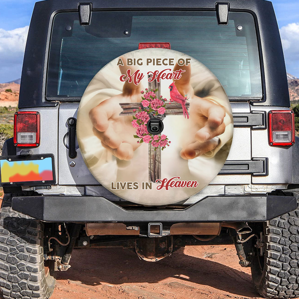 Petthouse | Jesus Blessing Cardinal Christian Cross Floral A Big Piece Of My Heart Lives In Heave Spare Tire Cover