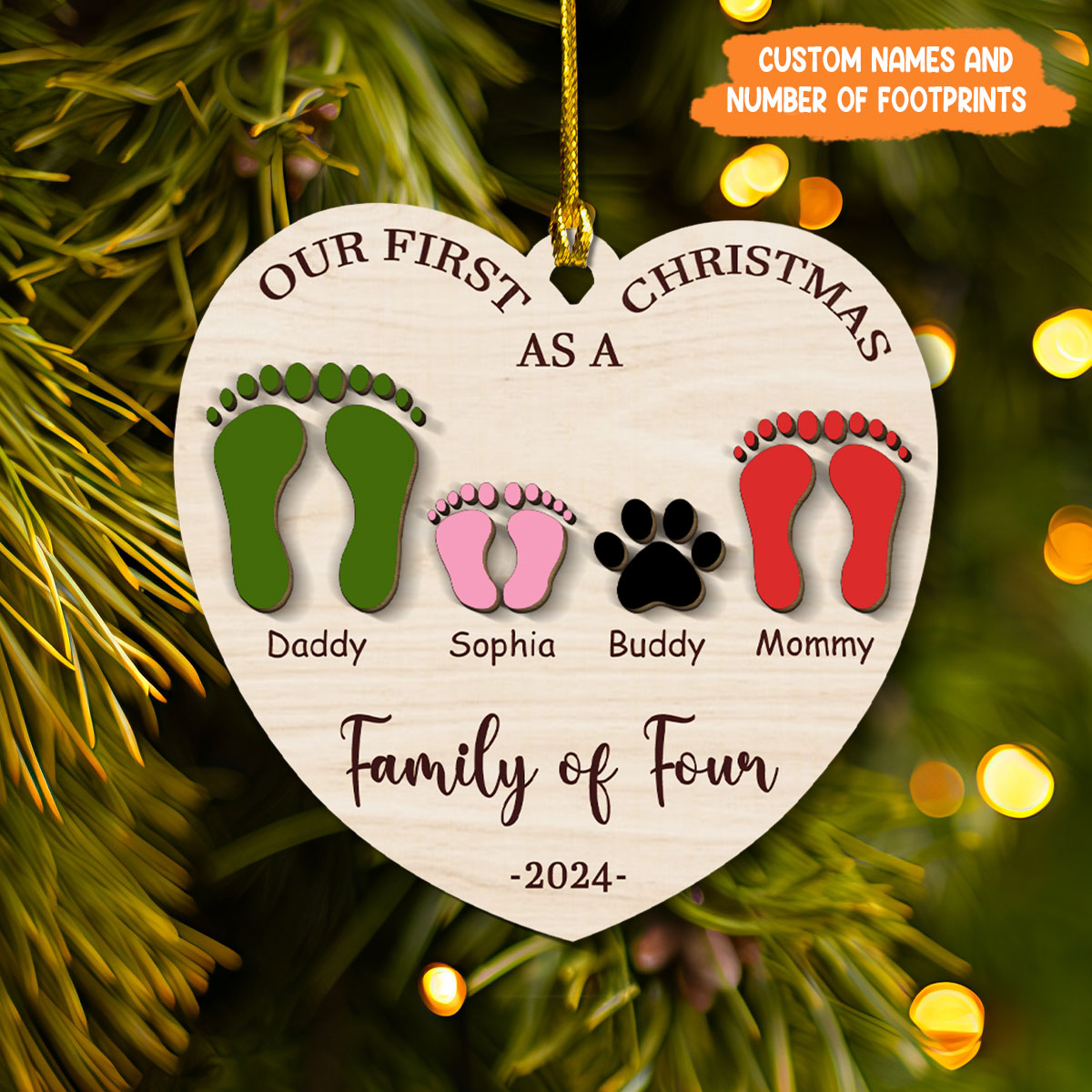 Petthouse | Personalized Family Wooden Ornament, First Christmas As A Family Of Four Footprints Ornament