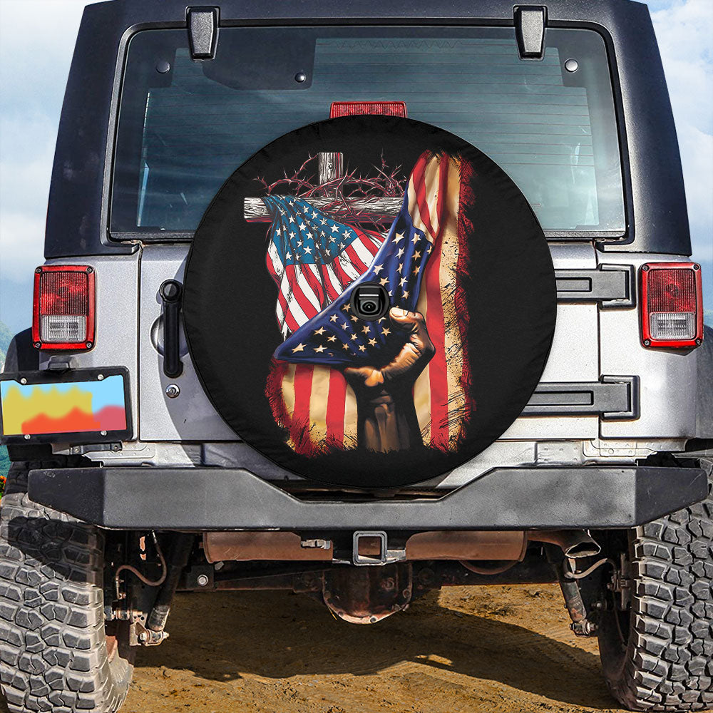 Petthouse | Cross Thorn Crown American Flag Spare Tire Cover American Patriot Wheel Cover Christian Religion Gift