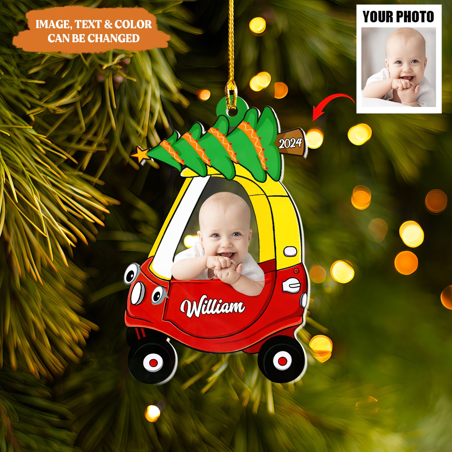 Petthouse | Custom Kid Photo Christmas Ornament, Xmas Gift For Kids, 2024 Baby Newborn In Car Flat Ornament