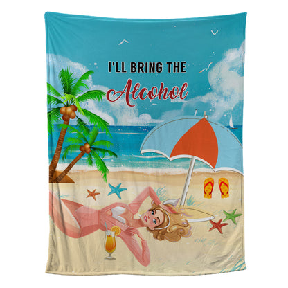 Petthouse | Personalized Name Girl On Beach Throw Blanket, I'll Bring The Alcohol Fleece Blanket, Beach Vibes Travel