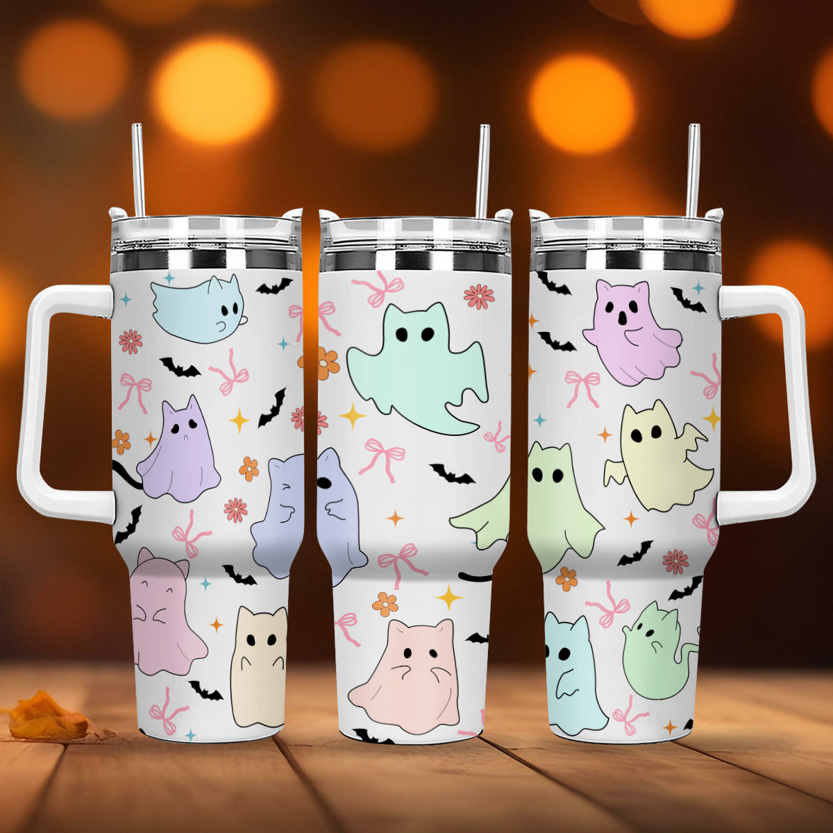 Petthouse | Cute Ghost Cats Halloween 40Oz Tumbler, Ghost Cat Stainless Steel Tumbler, Cat Ice Coffee Cup