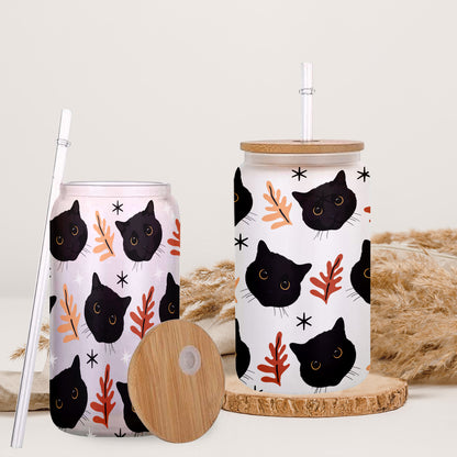 Petthouse | Black Cat Fall Glass Can, Black Cat Halloween Glass, Black Cat Coffee Glass, Viral Coffee