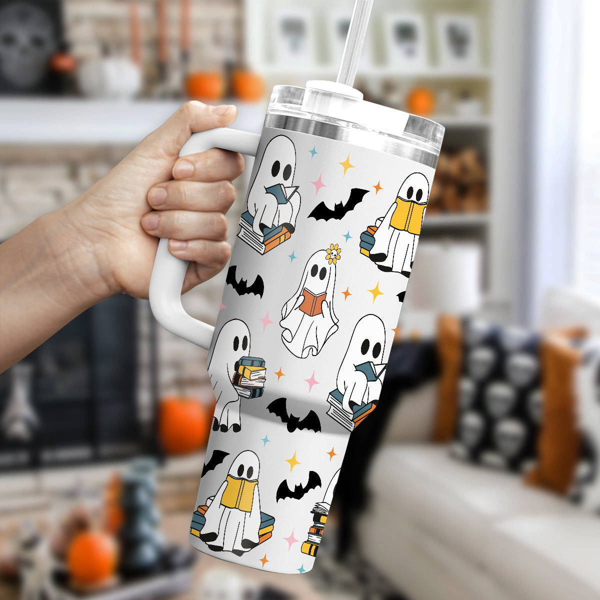 Petthouse | Cute Ghost Reading 40oz Tumbler, Halloween Bookish 40oz Tumbler, Spooky Ghost Reading Tumbler