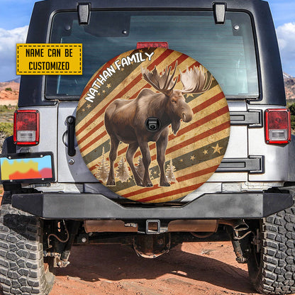 Petthouse | Customized Moose In The Wild On Grunge Stylized American Flag Spare Tire Cover Vintage Moo Hunting