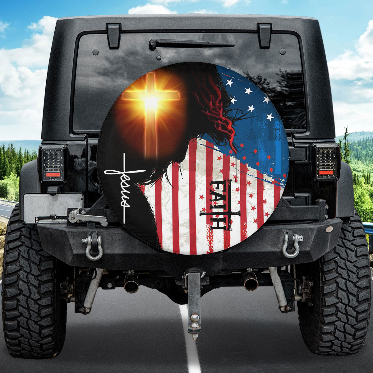 Petthouse | Jesus Grunge Usa Flag Tire Wheel Protector Faith Christian Car Decor Spare Tire Cover